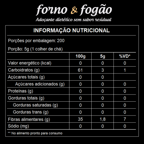 tabela nutricional Adoçante forno e fogão color andina foods